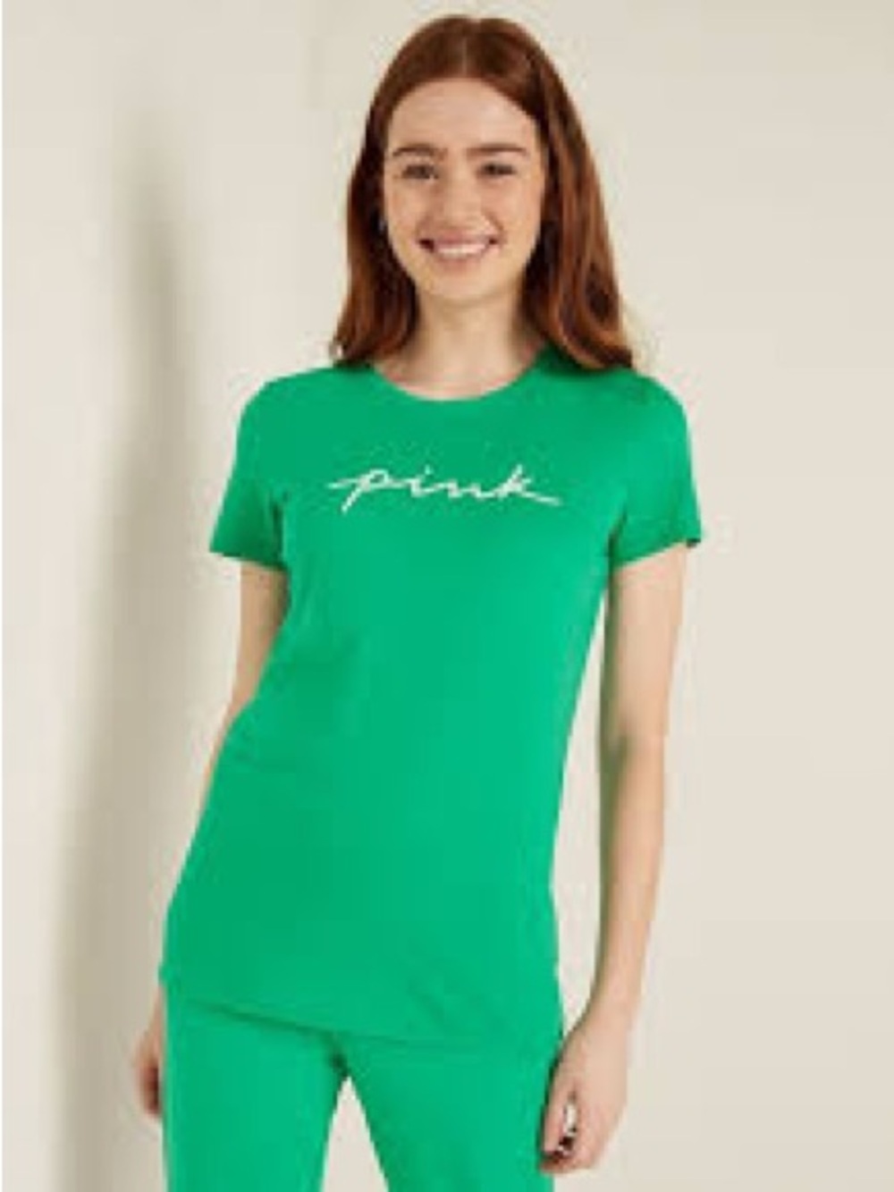 Green 'Pink' Script Short Sleeve Tee - Women